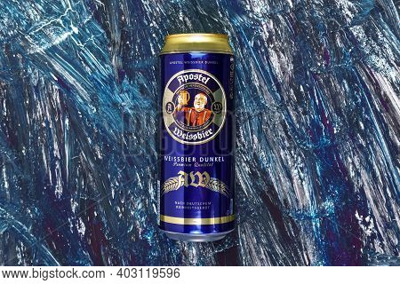 Tyumen, Russia-december 23, 2020: Apostel Weissbier Dunkel Beer Eichbaum Schwarzbier Beer