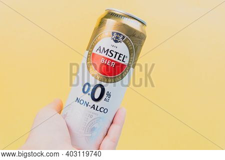 Tyumen, Russia-december 10, 2020: Amstel Beer Can. Founded On June 11, 1870 In Amsterdam, Named Afte
