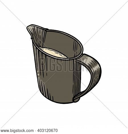 Coffee Creamer Sketch Isolated In White Background. Engraved Illustration Of Creamer With Milk. Vect