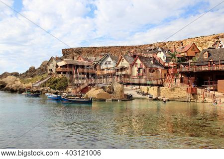 Il-mellieha, Malta - October 20, 2020: View Of The Famous Village Mellieha And Bay On A Sunny Day