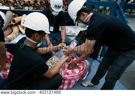 Bangkok ,thailand-august 26 , 2015 : Government Officials An Unknown Man Is Destroying The Seized Iv