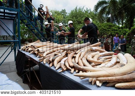 Bangkok ,thailand-august 26 , 2015 : Government Officials An Unknown Man Is Destroying The Seized Iv