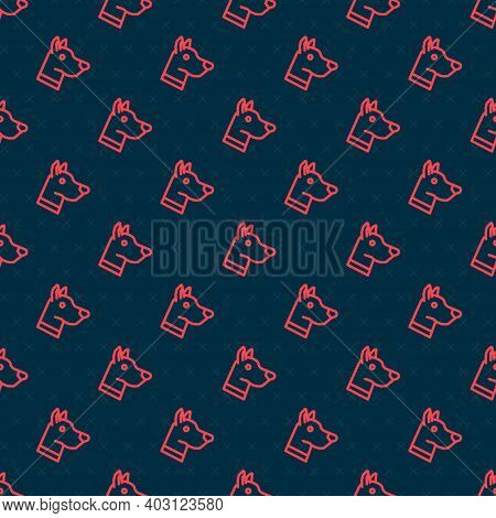 Red Line Dog Head Icon Isolated Seamless Pattern On Black Background. Vector