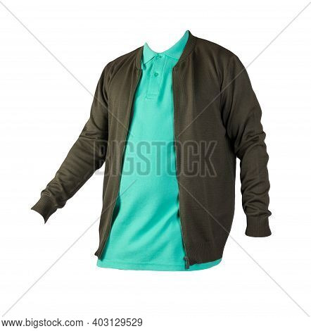 Dark Green Men's Knitten Bomber Jacket And Green  Shirt Isolated On White Background. Fashionable Ca