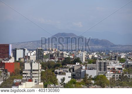 Tetlalmanche Volcano Aka Volcan Guadalupe With Modern City Buildings Aerial View In La Condesa Distr