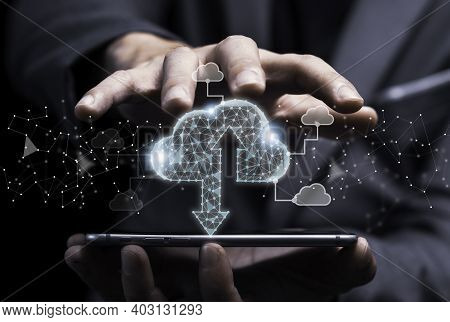 Cloud Computing Technology Transformation Concept, Businessman Touching On Virtual Cloud Computing O