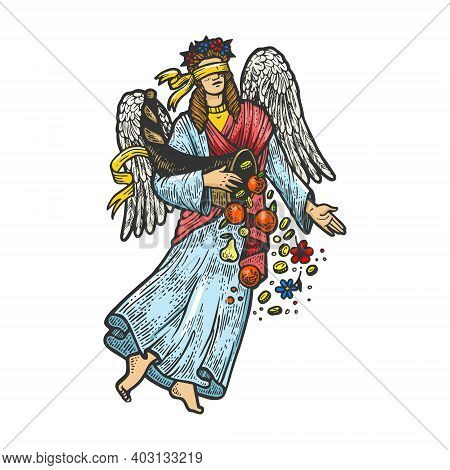 Fortuna Ancient Greek Goddess Sketch Color Engraving Vector Illustration. T-shirt Apparel Print Desi