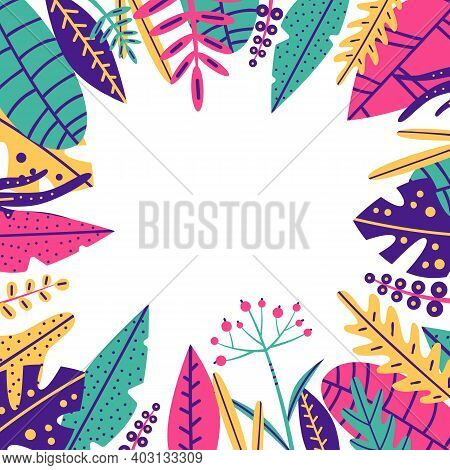 Tropical Bright Leaves On White Background. Trendy Color: Green, Pink, Yellow, Blue. Vector Stock Is