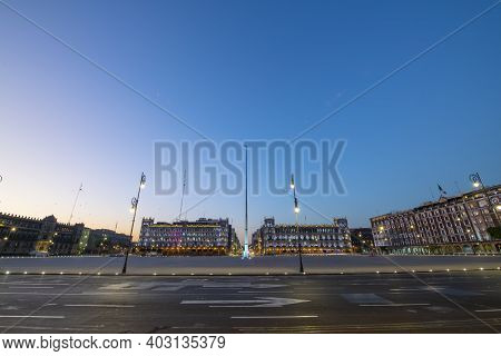 Federal District Buildings At Night On Zocalo Constitution Square, Mexico City Cdmx, Mexico. Histori