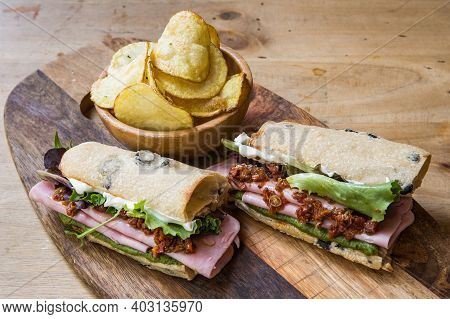 Ciabatta Baguette Sandwiches With Ham And Vegetales.