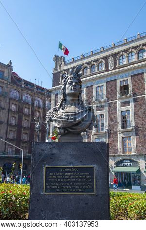 Mexico City - Jan. 14, 2020: Cuauhtemoc Statue In Zocalo In Historic Center Of Mexico City, Cdmx, Me