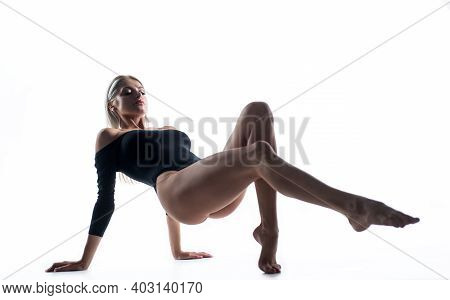Sexy Woman Isolated On White. Lady With Straight Slim Body. Female Beauty Care. Smooth Legs Skin. Co