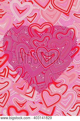 Valentines Day Greeting Card Template Or Background With Hearts And Line Ornament. Retro Fashion Hip