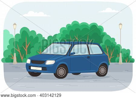 Blue Car On City Street Near Tall Green Trees On The Background. Automobile Front View Flat Style. V