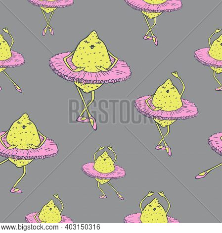 Vector Seamless Pattern Of Lemons Dancing In Ballet Tutu. Dancing Fruits Design.