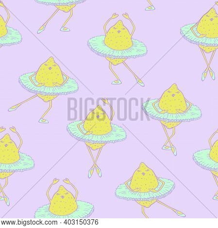 Vector Seamless Pattern Of Lemons Dancing In Ballet Tutu. Dancing Fruits Design.