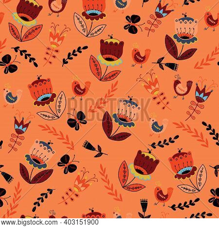 Vector Folk Flowers And Birds Seamless Pattern Blue