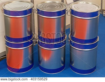 Stacked Six Metal Bucket Containers Bulk Material Storage