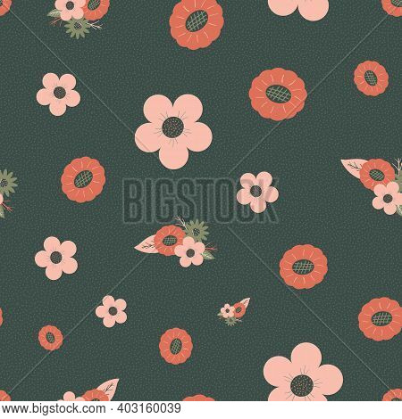 Vector Retro Vintage Floral Surface Pattern Design On Dark Muted Green Background