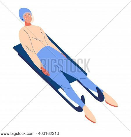 Woman Riding Luge Sled. Vector Cartoon Character In Helmet. Professional Winter Sportsman Isolated O