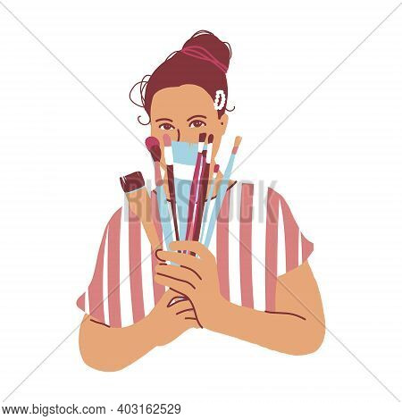 Woman Artist Draw Flat Vector Illustration. Character Female Paint Image Isolated On White. Creative