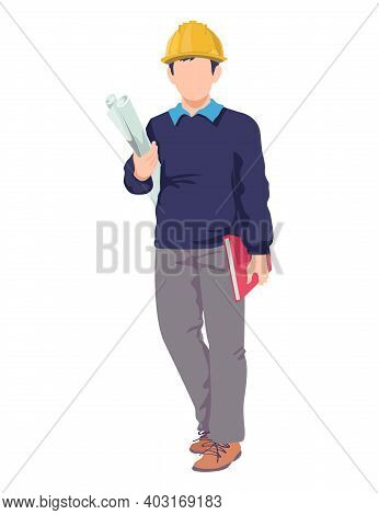 Young Male Professional Engineer Worker Hold Blueprint And Book, Man Wear Protect Helmet Cartoon Vec
