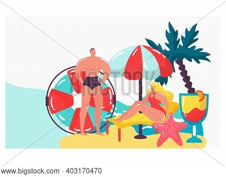 Muscular Male Beautiful Woman Character Sunbathe Tropical Beach, Summer Travel Vacation Flat Vector 