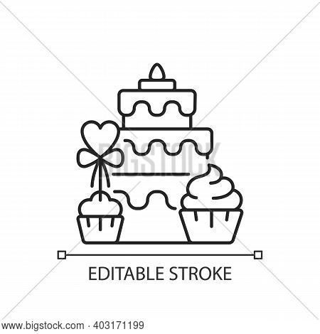 Candy Bars Linear Icon. Buffet With Cupcakes And Muffins. Cake For Wedding Celebration. Thin Line Cu