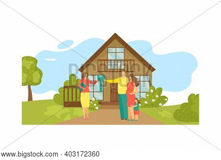 Woman Character Real Estate Agent Sell Off Lovely Modern Young Family Private House Flat Vector Illu
