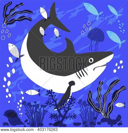 Shark On The Sea Floor Vector Stock Illustration. Fish And Wild Marine Animals In Ocean. Sea  Dwelle