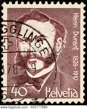 Moscow, Russia - January 12, 2021: Stamp Printed In Switzerland Shows Portrait Of Henry Dunant (1828