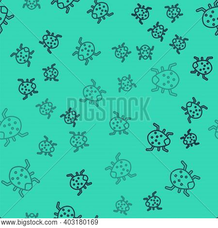 Black Line System Bug Concept Icon Isolated Seamless Pattern On Green Background. Code Bug Concept. 