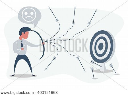 Man Or Businessman Shooting Arrow At Target With Bow And Missing. Business Concept Of Failure. Stock