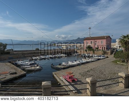 Arbatax, Sardinia, Italy, September 9, 2020: View Of Arbatax Harbour, Port With Ships, Fishing Boats