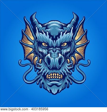 Blue Angry Dragon Head Logo Mascot For Your Work Logo Merchandise Clothing Line, Stickers And Poster