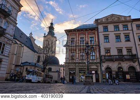 Lviv, Ukraine - November 5, 2020: The Corner Of Rynok Square And View Of Latin Cathedral In Lviv, Uk