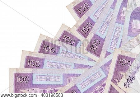 100 Philippine Piso Bills Lies In Different Order Isolated On White. Local Banking Or Money Making C