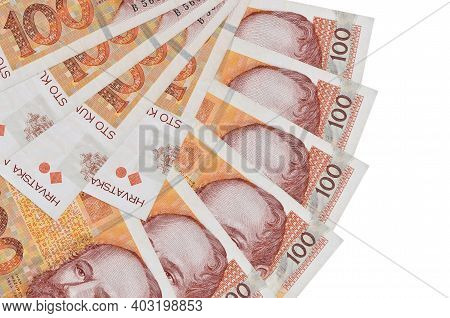 100 Croatian Kuna Bills Lies Isolated On White Background With Copy Space Stacked In Fan Shape Close