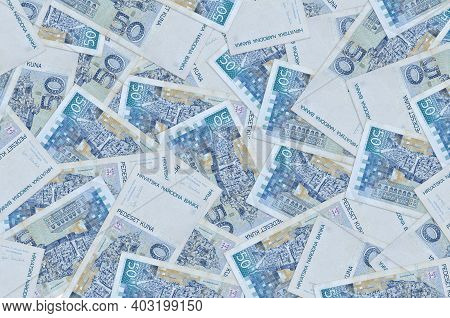 50 Croatian Kuna Bills Lies In Big Pile. Rich Life Conceptual Background. Big Amount Of Money