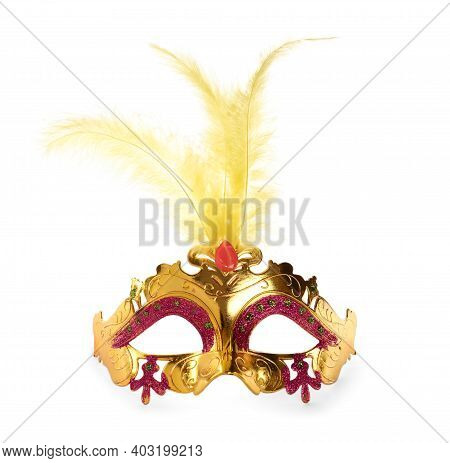 Beautiful Carnival Mask With Feathers Isolated On White