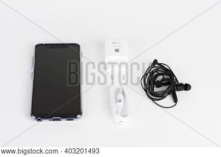 Brnenec, Czech Republic - January 20, 2020: Unboxing Of Touchscreen Smartphone  Lg G8s Thinq, Silico