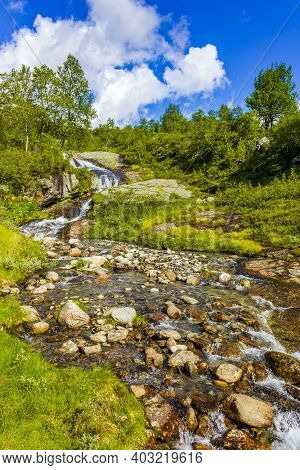 Amazing Norwegian Landscape With Beautiful River Waterfall In Vang Norway.