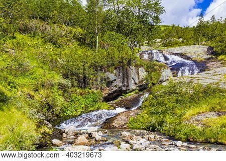 Amazing Norwegian Landscape With Beautiful River Waterfall In Vang Norway.