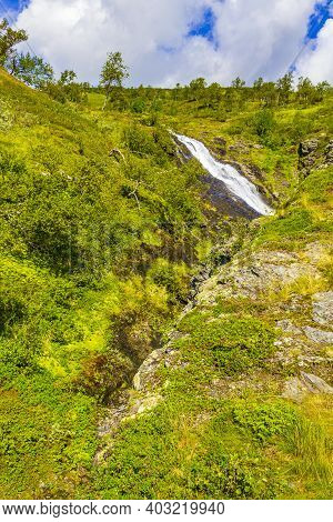 Amazing Norwegian Landscape With Beautiful River Waterfall In Vang Norway.