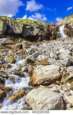 Amazing Norwegian Landscape With Beautiful River Waterfall In Vang Norway.