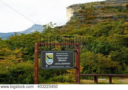 Puerto Natales, Chile - February 10, 2015: Milodon Cave Entry Sign