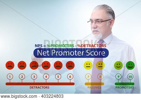 Net Promoter Score NPS concept with businessman pressing virtual