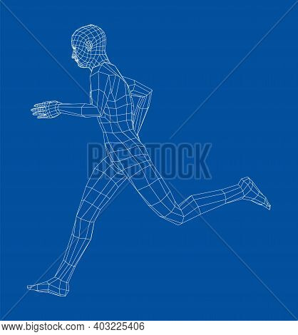 Wireframe Running Man. Vector 3d Rendering. Man In Running Pose