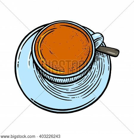 Tea Cup With Spoon And Sauser. Sketch Of Tea Mug. Engraved Vector Illustration