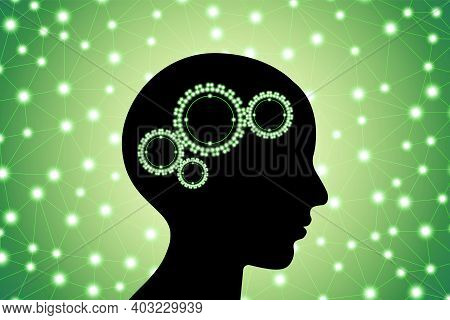 3d Digital Green Glowing Particles Lines And Dots Polygonal Plexus Human Brain With Gears, Go Green 